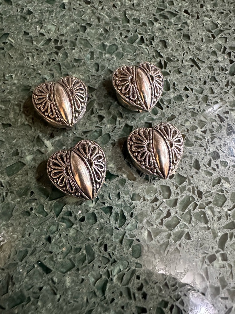 Set of 4 Silver Tone Heart Shaped Button Covers 7/8" Vintage